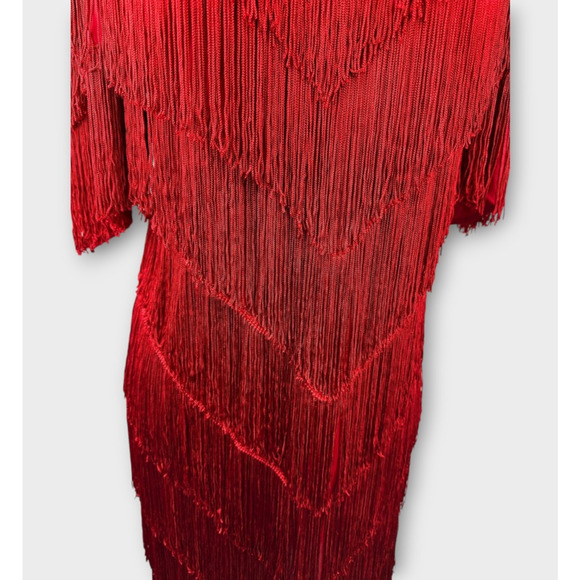 VTG 70s 80s Mister Jay Fringe Dress Red V-Neck No Size Party Holiday Flapper L - Picture 9 of 15